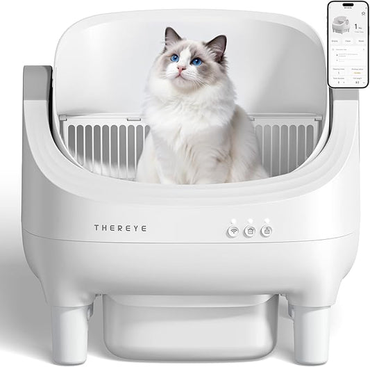 Thereye Self Cleaning Cat Litter Box, Open-Top Automatic Litter Box with APP Control, Safety Sensor and 10L Large Waste Bin, Smart Kitty Litter Boxes with Trash Bags and Mat for Multiple Cats