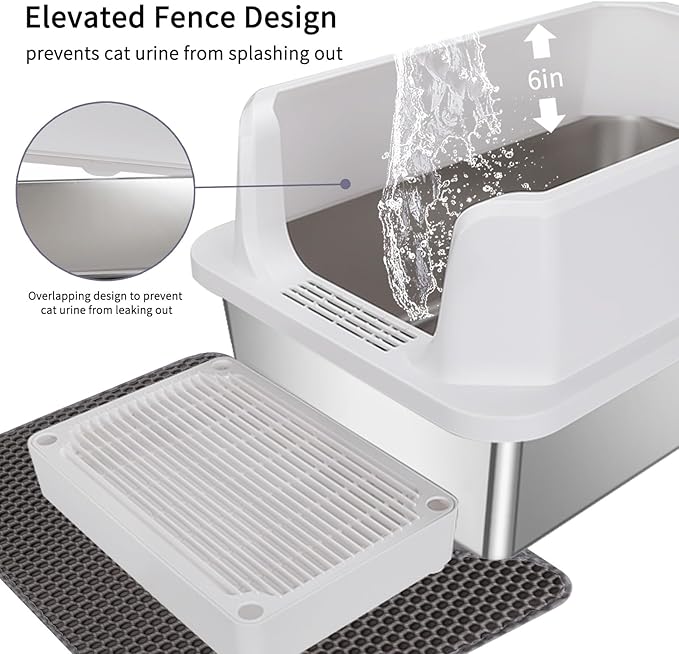 RIZZARI Large Stainless Steel Cat Litter Box: White Open Top Leak-Proof Large Cat Pan - Odor Control for Multi-Cat Homes - Living Room Balcony Use