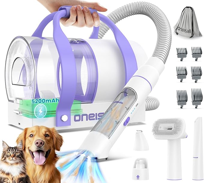 oneisall Cordless Low Noise Dog Grooming Vacuum,5200 mAh Dog Grooming Kit with Clippers,Nail Grinder,Trimmer,2L Dustbin for Shedding with Grooming Tools-Quiet Suitable for All Breeds,Comfy C1