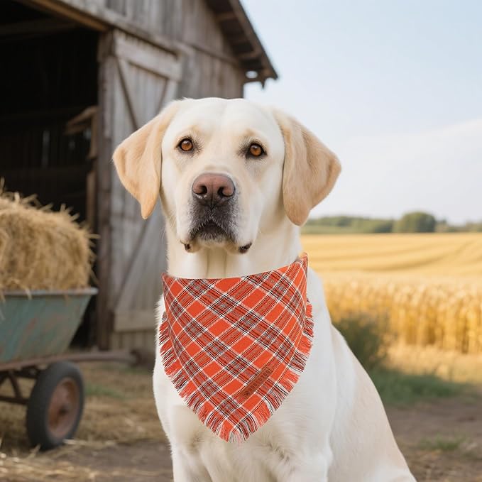 ADOGGYGO Fall Dog Bandanas with Tassels Edges, Stylish Plaid Thanksgiving Halloween Scarf Bib, Orange Plaid Fall Bandanas for Extra Large Dogs (X-Large)