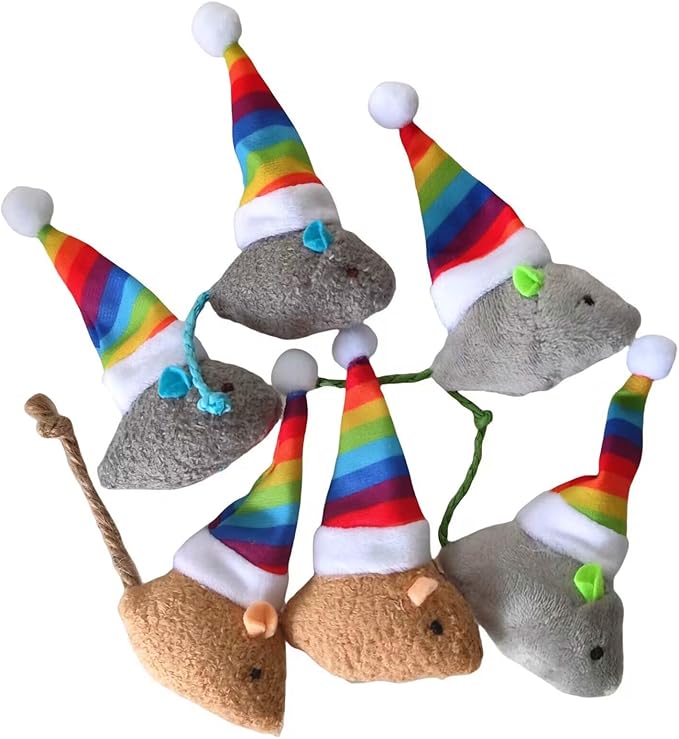 6-Pack Christmas Catnip Cat Mice Toys with Rainbow Santa Hats - Interactive Cat Toys for Indoor Cats & Kittens, Christmas & Thanksgiving Gift