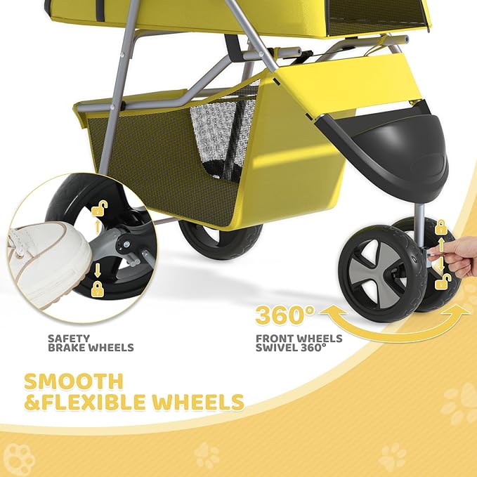 Magshion 3-Wheel Pet Stroller, Foldable Travel Jogger for Small & Medium Dogs & Cats (Up to 33lbs), Lightweight Carrier with Breathable Mesh Cover, Cup Holder & Storage Basket, Yellow