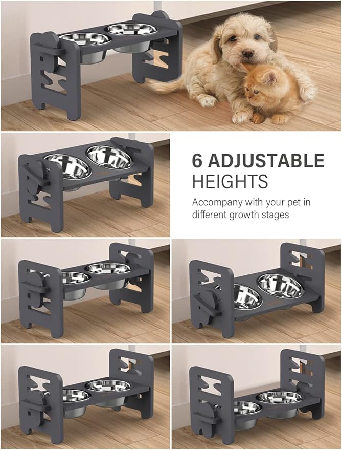 Vantic Elevated Dog Bowls, Adjustable Raised Dog Bowl Stand for Small Puppy and Cats, Sturdy Bamboo Pet Food Feeder with 2 Stainless Steel Dishes, Gray