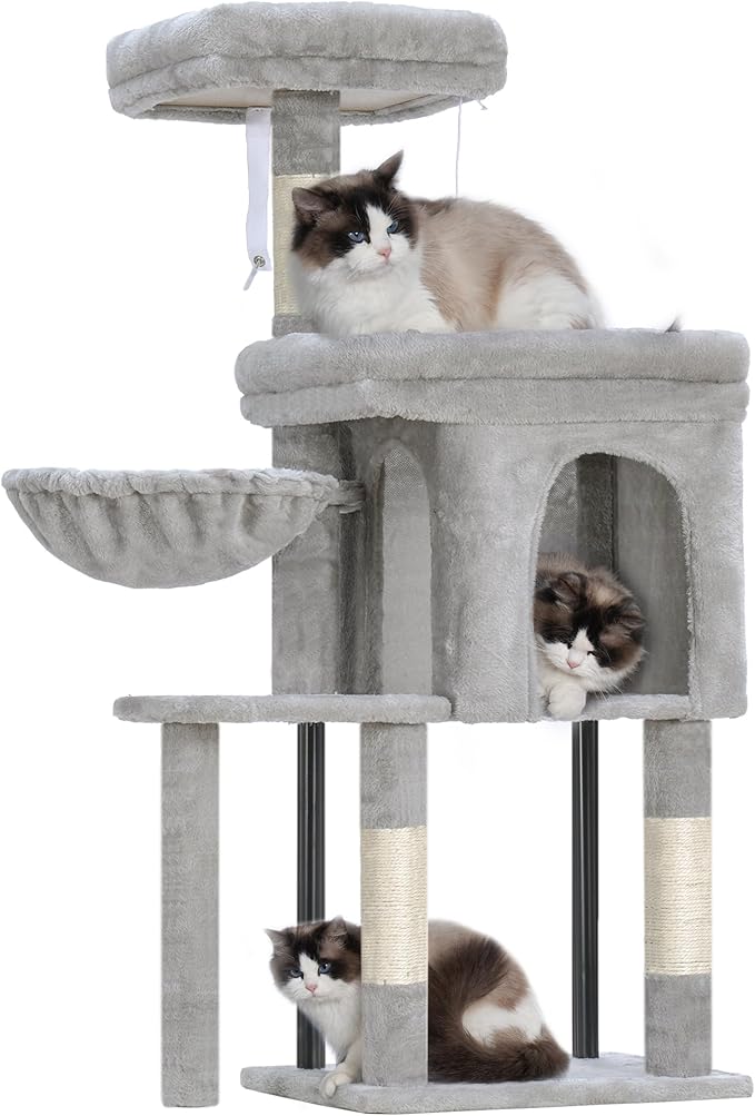 Hey-brother Cat Tree Tower, Scratching Posts with Cozy Condo, Padded Bed, Hammock, Plush Perch, Sisal Post and Ball for Indoor Kittens, 44.9 Inches, Light Gray MPJ009SW