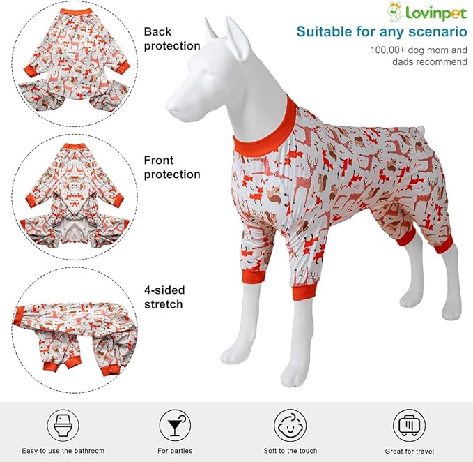 LovinPet Big Dog Clothes for Large Dogs Girls, Onesies for Dogs,Lightweight Stretchy Fabric,Critters Cream Print Dog Jumpsuit,Uv Protection Shirt, Pajamas for Pitbulls, Pitbull Shirt,XL