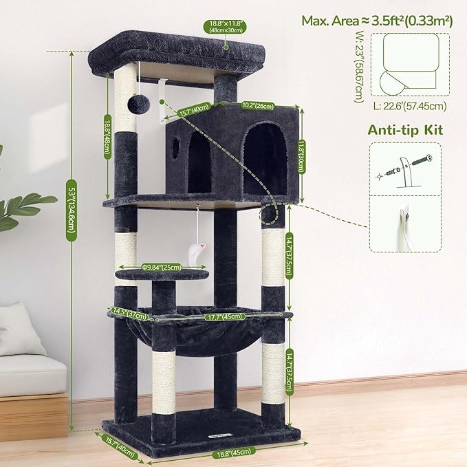 Globlazer Cat Tree Tower with Scratching Post for Indoor Cats, 53inch Tall Plush Multi-Level Cat Climbing Tower Condo House with Large Hammock, Spacious Cat Condo, Big Padded Top Perch, F53, Dark Gray