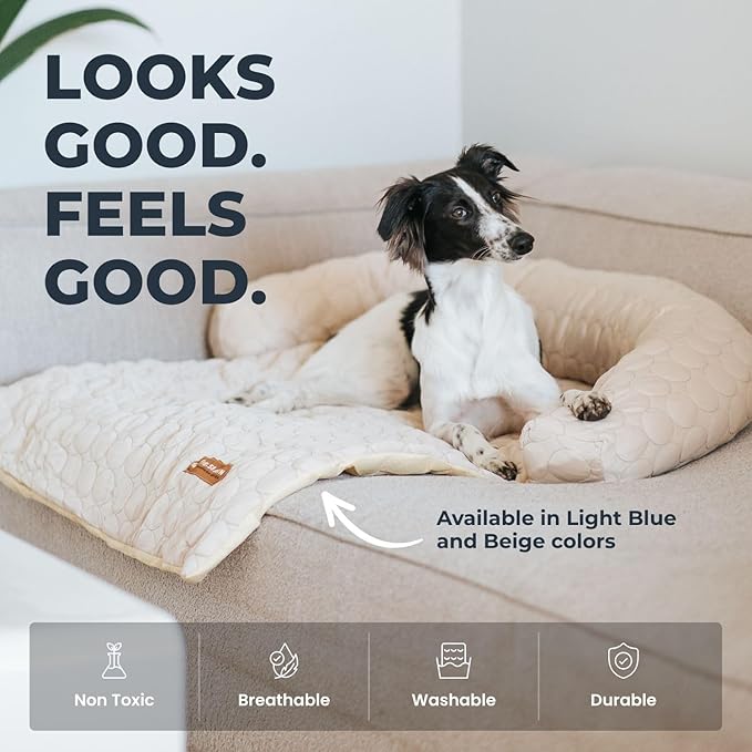 Pelsbarn Cooling Dog Bed - Ice Silk Summer Comfort, Self Cooling, Non-Slip Dog Cover, Durable & Washable, Bed for Medium to Large Dogs 86x86 cm, Support Shelter Dogs with Every Purchase (Beige)