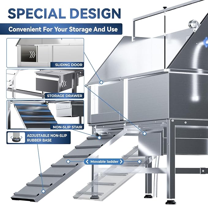 Dog Washing Station for Home,46" Stainless Steel Dog Bathing Station Height Adjustable Dog Washing Station for Home Dog Grooming Tub Ramp, Drawer, Floor Grate & Fauct