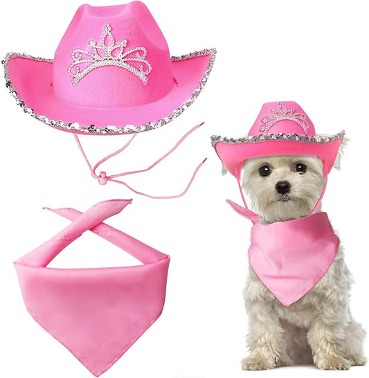 Yewong Pet Pink Cowboy Hat Costume Accessory Set Dog Cat Size Pink Cowgirl Princess Hat with Crown Tiara Bandana/Scarf for Cat Puppy Western Costume Daily Wearing Photo Props (Set C)