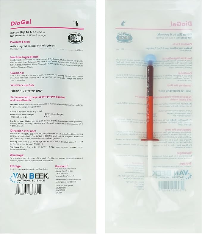 DiaGel for Kittens - Orally Administered Gel for Occasional Loose Stools and Digestive Upset - Natural Pet Products - Van Beek Natural Science