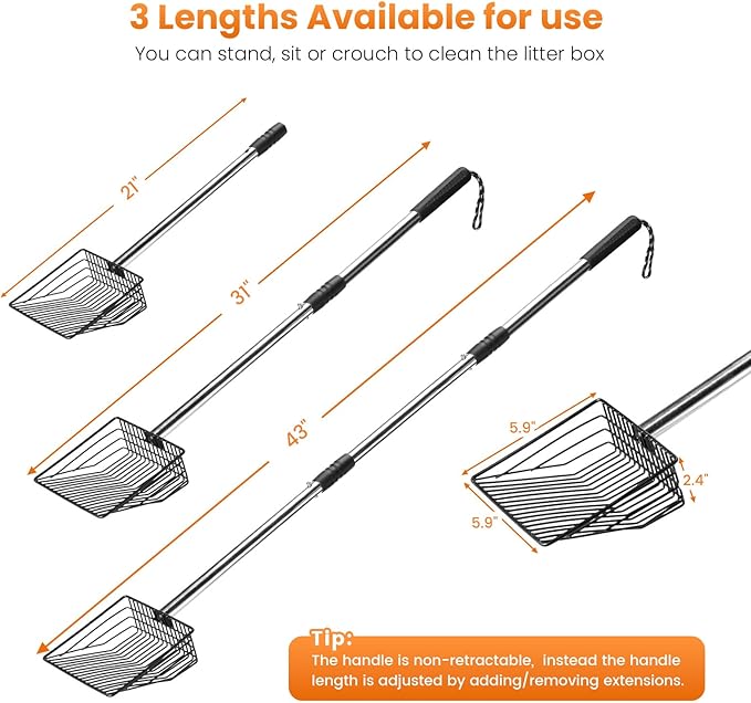 Cat Litter Scoop with Holder 43" Metal Litter Scooper with Stainless Steel Long Handle, Large Kitty Box Scooper Heavy Duty Deep Shovel for Fast Sifting, Dog Waste Scooops for Outside Pet Poop