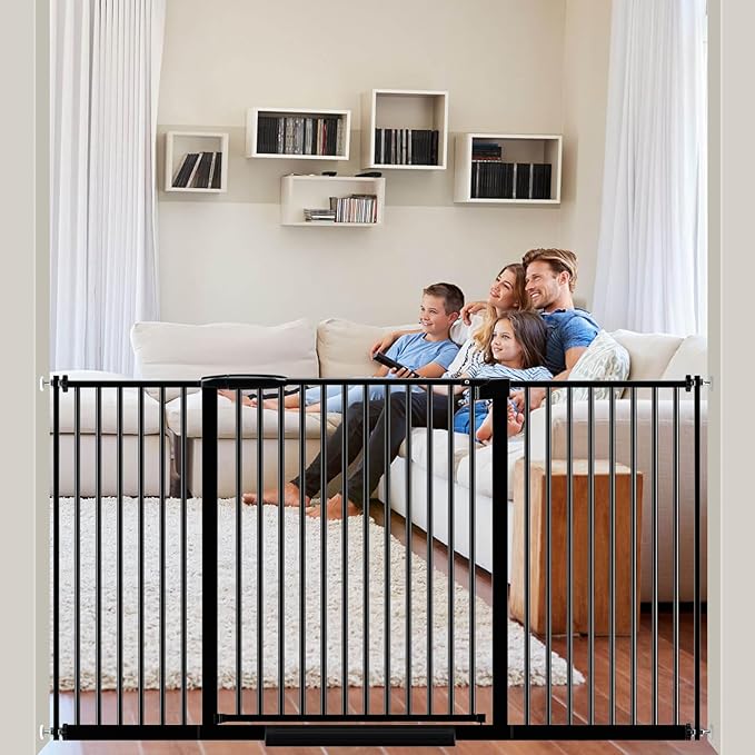 DEARBB Extra Wide Baby Gate Ultra Narrow Spacing 30.11-73.42" Pressure Mounted Double Lock Swing Auto Close Walk Through Metal Safety Pet Gate for Stairs and House Doorway Kitchen,Black 57.67-61.61"