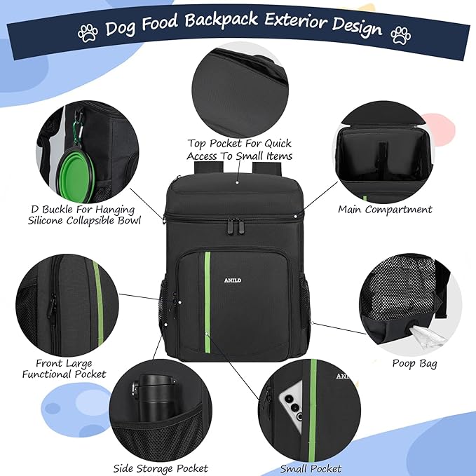 ANILD Dog Travel Backpack - Airline Approved Double-layer Pet Travel Backpack with 2 Food Storage Bag and 2 Foldable Silicone Bowls for Hiking & Camping