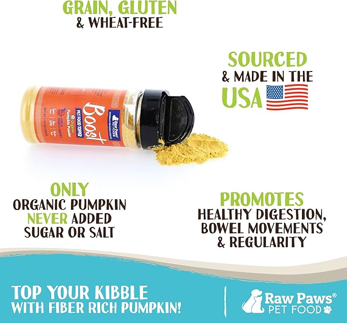 Raw Paws Boost Pet Food Topper Organic Pumpkin Powder, 3-oz - Made in USA - Grain-Free Dog Food Topper - Anti Scoot Pumpkin Powder for Dogs - Vegan Dog Food Gravy - Meal Toppers for Dogs