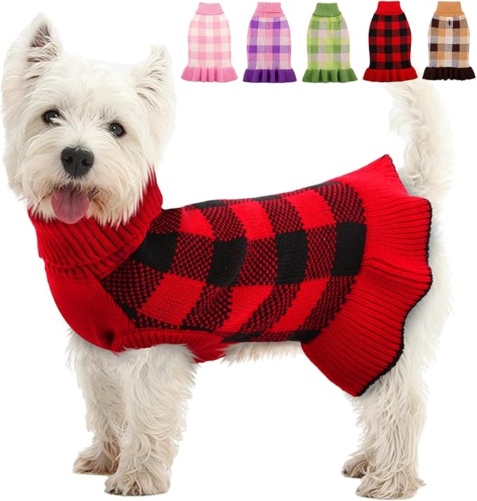 Dog Sweater Dress Plaid Knitwear for Small Medium Dogs Warm Puppy Pet Turtleneck Stretch Pullover Cute Fall Winter Vest Clothes with Leash Hole for Christmas (Red, XS)
