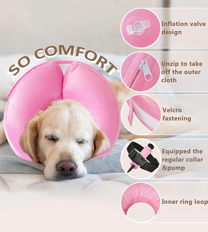 Inflatable Dog Cone Collar, Cone for Dogs to Stop Licking, Donut Collar After Surgery, Soft Dog Cone Alternative, Cones Collar for Small Medium Large Dogs (Pink, S (Neck 7"-9"))