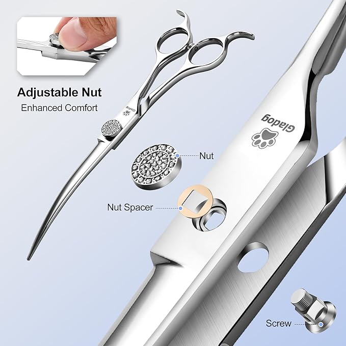 GLADOG Luxury Dog Grooming Scissors Set - 7" Straight, 6.5" Thinning, 7" Chunkers, 7" Curved - 9CR Steel, Silver Luxe, Right Hand, Plastic Handle, 4 Count