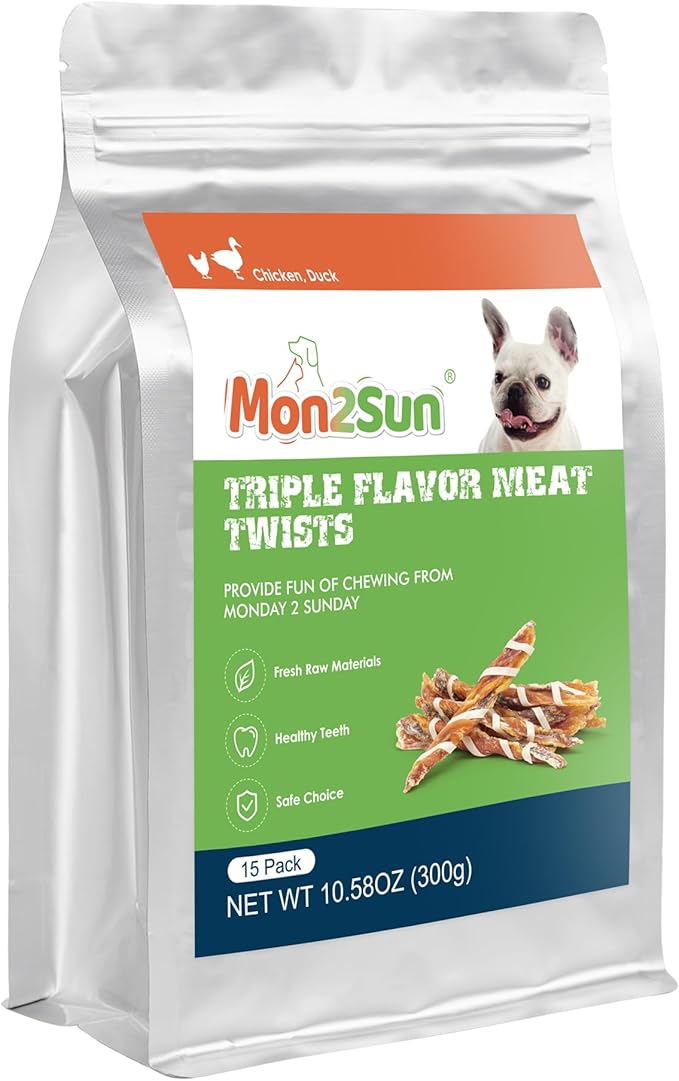 MON2SUN Dog Treats, Triple Flavor Jerky Twist Sticks, 5-7 Inch Chicken Duck and Codfish Sticks Chews for Small Dogs, Healthy Snacks, 10.58 oz (15 Count-Pack of 1)