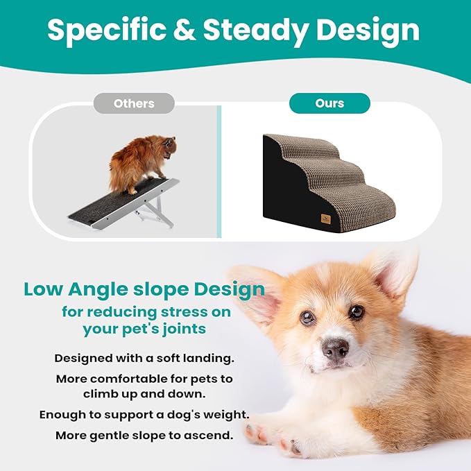 Dog Stairs for Small Dogs, 15.8 in H 3 Step Curved Dog Ramp for High Bed and Couch, Foam Dog Ramp with Durable Non-Slip Waterproof Fabric Cover, Pet Stairs for Pets Joints, Brown