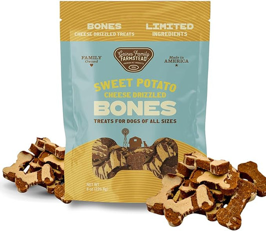 Gaines Family Farmstead Cheese Drizzled Sweet Potato Dog Bones - 8 oz Bag, Grain-Free, All-Natural Dog Treats for Digestion, Skin, Energy & Immunity – Limited Ingredient, Made in USA
