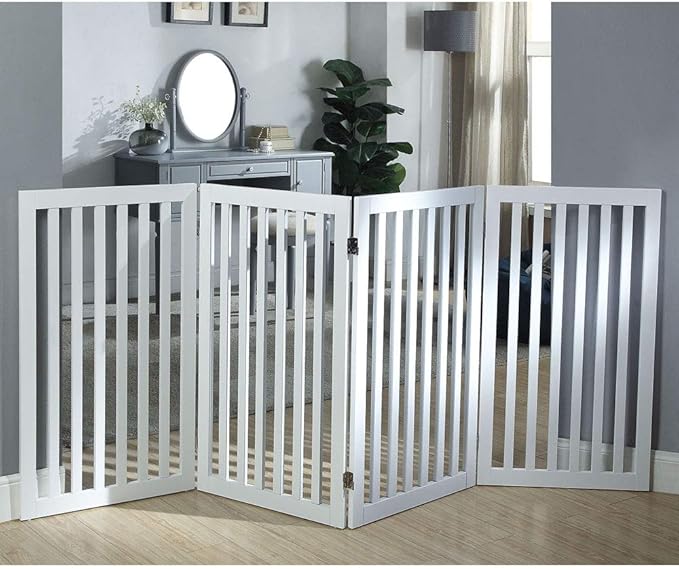 unipaws 36”H Free Standing Pet Gate for Dog Cat, Tall Wooden Dog Gates for Doorway, Stairs, Foldable Pet Fence for The House, Expandable Barrier, Indoor Use, White