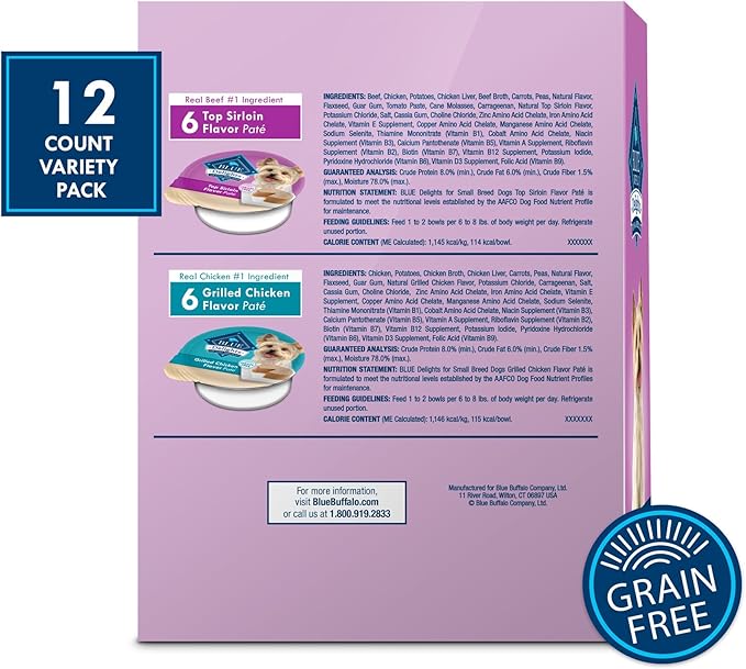 Blue Buffalo Delights Small Breed Natural Wet Dog Food Variety Pack, Top Sirloin Paté and Grilled Chicken Paté, 3.5-oz Cups, 12 Count