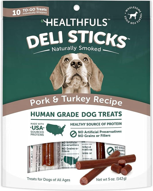 HEALTHFULS Deli Sticks Pork and Turkey Human-Grade Gluten-Free Soft and Chewy Dog Treats, 10 Count Bag
