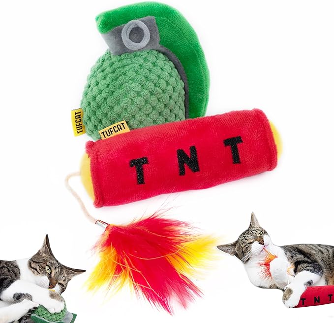 Cat Toys Grenade, Cat Toys for Indoor Cats, Kitten Toys, Catnip Toys for Cats of All Breeds, Action Themed Fun for Kicking, Biting, Chewing (Grenade & TNT, 2-Pack)