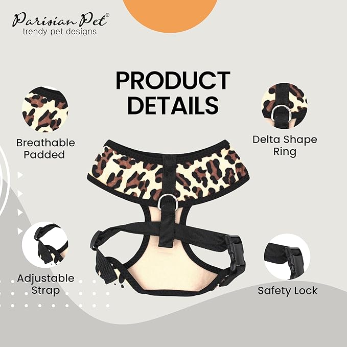 Parisian Pet Freedom Dog Harness - Adjustable Leopard Print Dog Harness - 100% Mesh Fabric Dog Vest Harness - Idle for All Outdoor Adventures - Dog Harness Medium Sized Dog - Puppy Harness - M