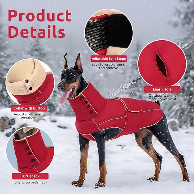 ASENKU Dog Coat & Winter Jacket, Warm Dog Coat for Large Dogs with Reflective, Turtleneck with Button, Waterproof Cold Weather Coats (Dark Red, 3XL)