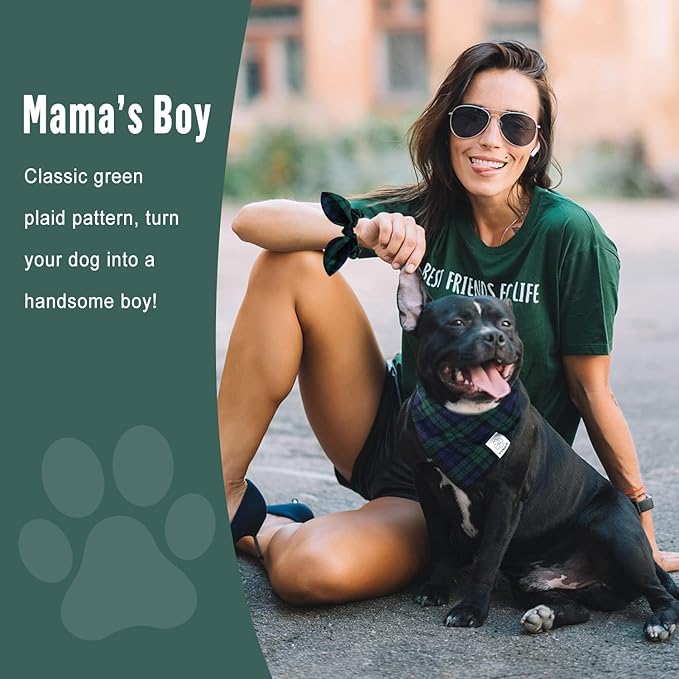 E-Clover Christmas Dog Bandanas Boy & Matching Scrunchie Set Plaid Dog Scarf Kerchief for Medium Large Dog Pet Bandana Owner Gifts Blue Green Fall