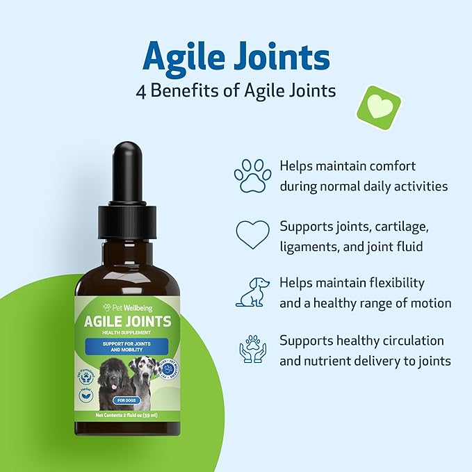 Pet Wellbeing Agile Joints for Dogs - Hip and Joint Health, Mobility, Devil’s Claw, Boswellia, Joint Ligament and Cartilage - Veterinarian-Formulated Herbal Supplement 2 oz (59 ml)