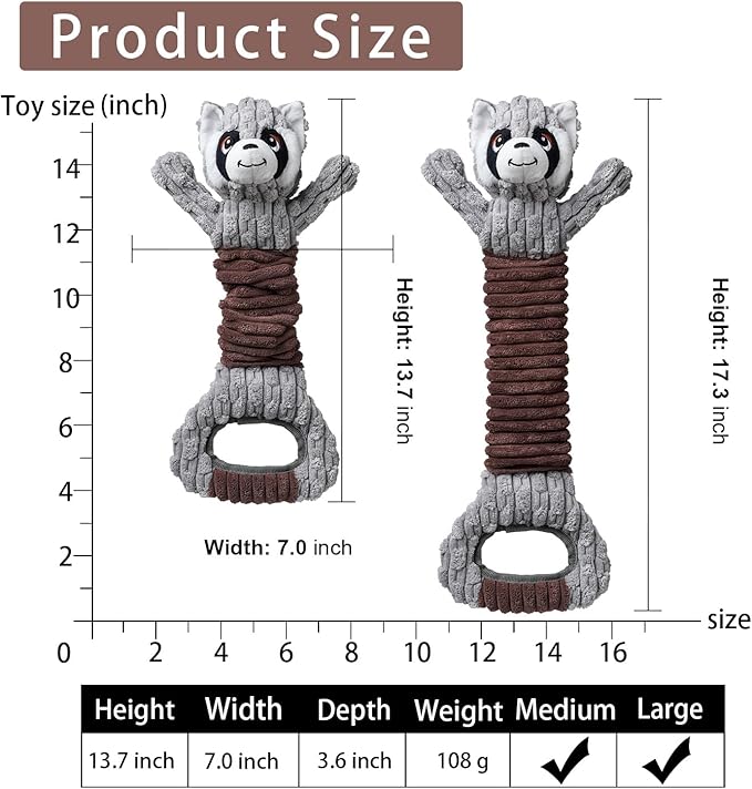 Tug of War Dog Toy, Durable Large Breed Dog Toy, Though Stuffed Dog Squeaky Toy with Crinkle Paper for Small, Middle and Big Dogs(Raccoon)