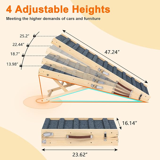 Clikuutory 2025 Upgraded Dog Ramp for Couch, 47.2" Foldable Small Dog Ramp for Bed, 4 Adjustable Height from 14" to 26", Portable Stable Pet Steps with Anti-Slip Carpet for Low Bed Couch Stairs, Wood