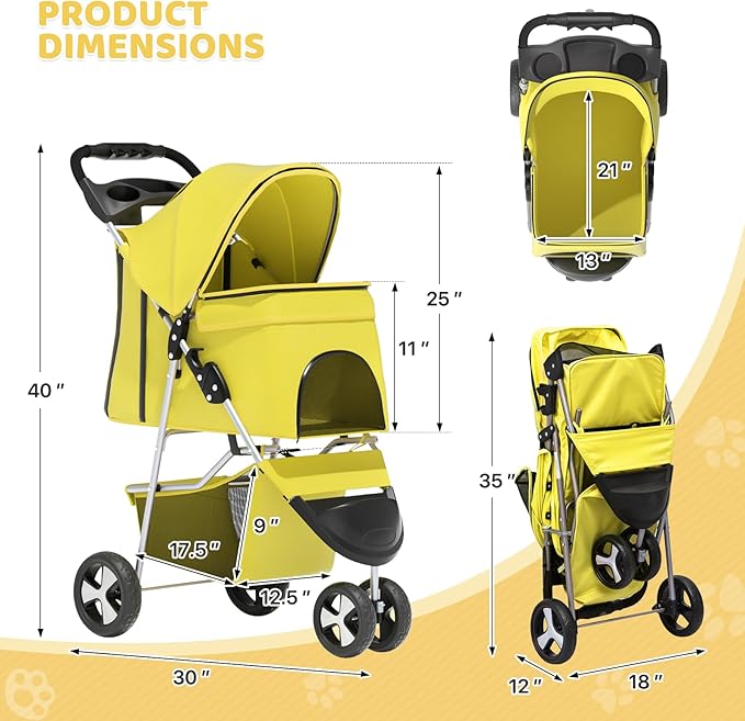 Magshion 3-Wheel Pet Stroller, Foldable Travel Jogger for Small & Medium Dogs & Cats (Up to 33lbs), Lightweight Carrier with Breathable Mesh Cover, Cup Holder & Storage Basket, Yellow