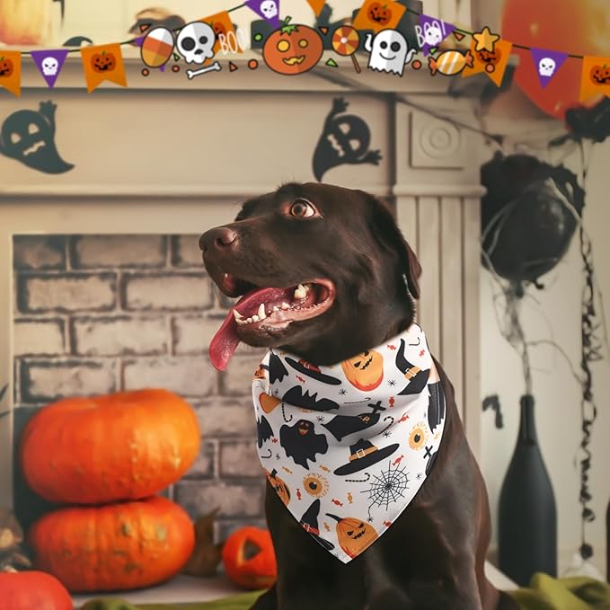 Abbylike 50 Pcs Halloween Dog Bandanas Bulk Pet Scarfs Triangle Bibs Adjustable Washable Puppy Kerchief Seasonal Pet Costume Accessories Grooming Supplies for Small Medium Large Dogs Cats