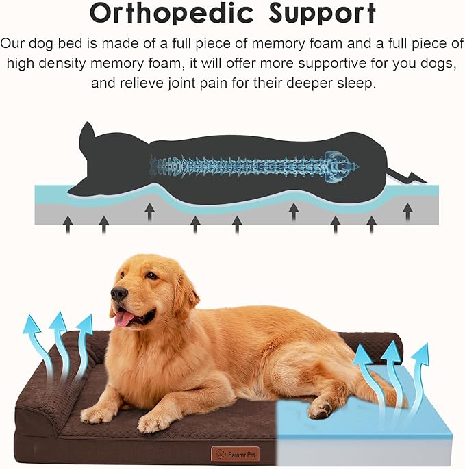 Orthopedic Dog Beds Large Sized Dog, Memory Foam Pet Bed for Large Dogs, Washable Removable Cover, Nonskid Bottom, Waterproof, 44x32x6 Inches, Brown Grey
