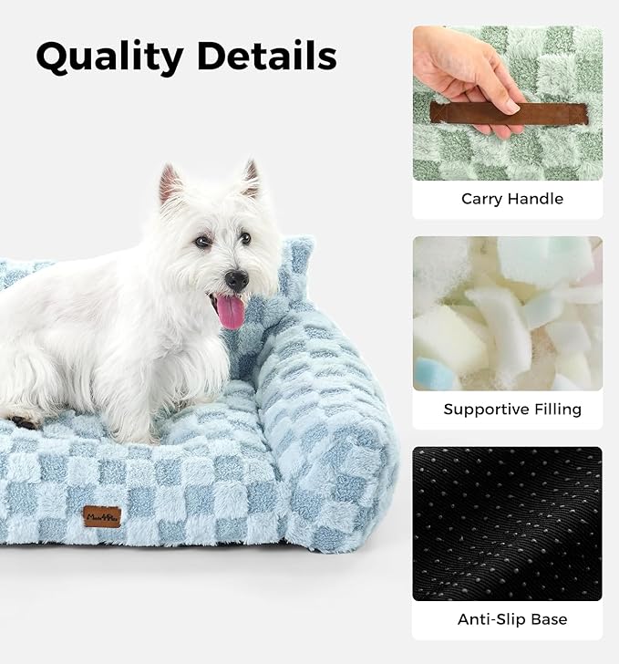 MADE 4 PETS Cat and Dog Indoor Couch Bed, Soft Faux Fur Checkered Pet Sofa, Cozy Fluffy Pet Sofa with Supportive Foam, Removable Washable Cover with Non-Slip Base, Blue, Medium