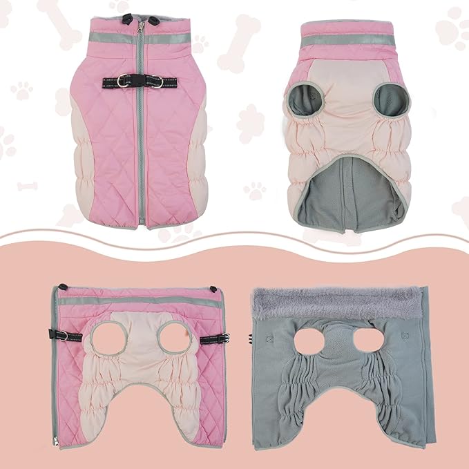 Lelepet Dog Coat Warm Dog Winter Coat Waterproof Dogs Jacket with Harness Built in Reflective Pet Fleece Vest Zip-Up Cold Weather Coats for Small Dogs Turtleneck & Windproof Coats Chihuahua Pink XS