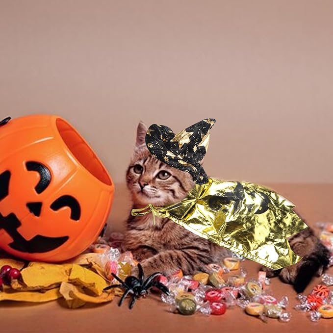 Halloween Pet Costumes Halloween Pets Costume Cape Accessories Sparkly Cat Wizard Cloak Puppy Witch Collar Cape Halloween Cosplay Clothes Apparel for Cats Small Dogs