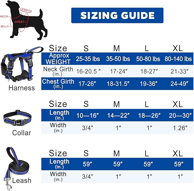 WINSEE Pet Harness Collar and Leash Set, All-in-one Reflective Dog Harness No Pull with Adjustable Buckles for Puppies, Small, Medium, Large, and Extra-Large Dogs (Large, Dark Blue)