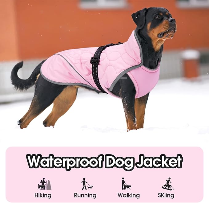 IDOMIK Dog Winter Jacket, Adjustable Waterproof Dog Warm Coat with Fleece Lining, Turtleneck Windproof Cold Weather Coats for Winter, Reflective Warm Snow Jacket for Border Collie Husky,Pink,L