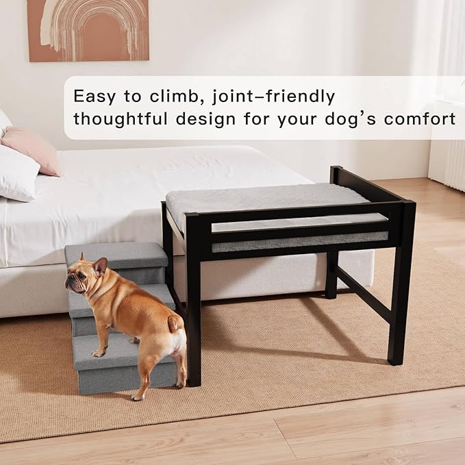 Bedside Dog Bed with Stairs，35×23 Wooden Elevated Dog Bed Cosleeper with Removable Mattress, Foldable 3-Step Stairs & Guardrail, Bassinet-Style Pet Bed for Medium Dogs