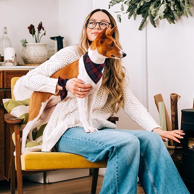 E-Clover Christmas Dog Bandanas & Matching Scrunchie Set Plaid Dog Scarf Bibs Pet Handkerchief for Small Dogs Puppy Owner Gifts Red Blue