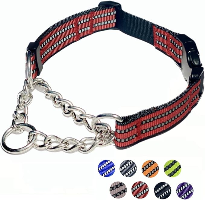 Martingale Dog Collars, Reflective Nylon Collar with Stainless Steel Chain, Adjustable Walking Training Dog Collars with Quick Release Buckle, Suitable for Small Medium Large Dogs(Red,S)