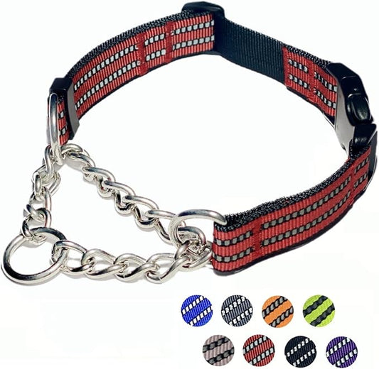 Martingale Dog Collars, Reflective Nylon Collar with Stainless Steel Chain, Adjustable Walking Training Dog Collars with Quick Release Buckle, Suitable for Small Medium Large Dogs(Red,S)