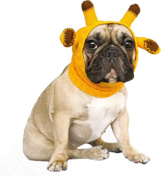 iChoue Dog Costume Ear Muffs Calming Hoodie Anxiety Relief Band Noise Canceling Headband Ear Protection Cover Force Drying Grooming Tool Knitted Snood Hood - Yellow Giraffe, Small