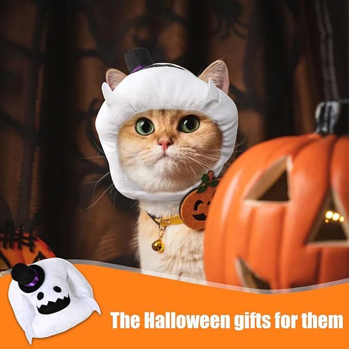 ABTOLS Halloween Dog Cat Ghost Shape Hat, Adjustable Soft Small Pet White Ghost Cap Headwear for Puppy Dogs Kittens Halloween Festival Cosplay Costume Accessory Headgear