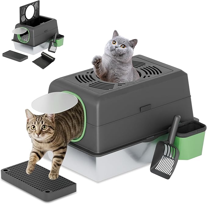 Extra Large Enclosed Stainless Steel Cat Litter Box Enclosure with Lid, Front Dual-Door and Top Exit Metal Cat Litter Pan Box for Big Cats, with Poop Scoop,Box Step, Waste Bin & Trash Bags, Black