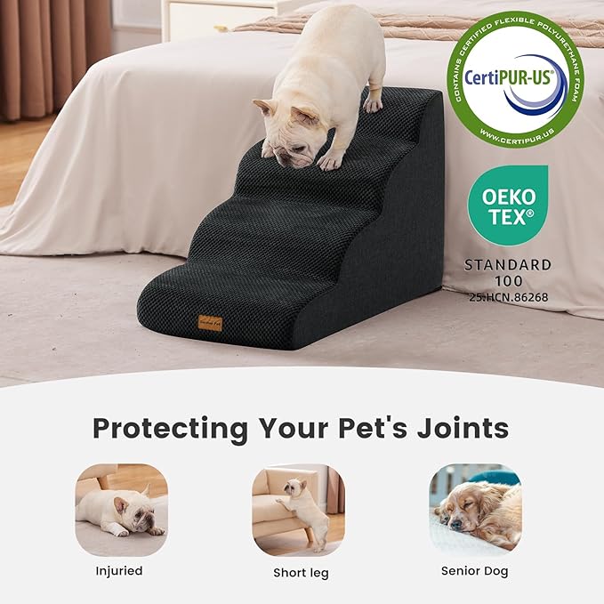 Gardner Pet Dog Stairs for Small Dogs 19.7" H, 4-Step Black Curved Pet Stairs, Dog Steps for High Bed (18-24 in), Couch with Durable Non-Slip Waterproof Fabric Cover and CertiPUR-US Certified Foam